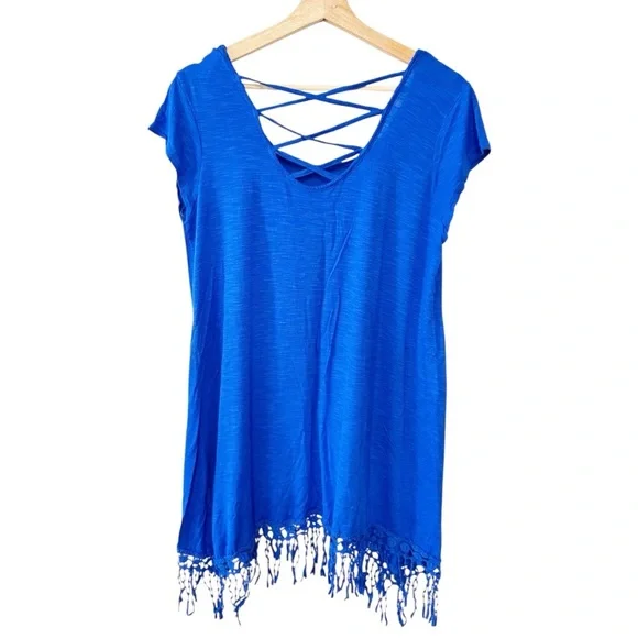 Blue Island Resortwear Royal Blue Coverup Crochet Short‎ Sleeve Beach Top NWOT - Picture 3 of 9